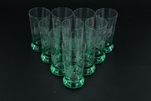 Load image into Gallery viewer, Etched Glass Shot Glasses Green Footed Base Floral Design Set of 10