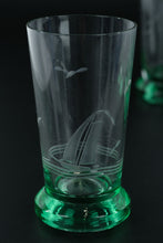 Load image into Gallery viewer, Etched Glass Shot Glasses Green Footed Base Floral Design Set of 10