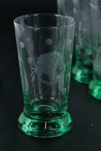 Load image into Gallery viewer, Etched Glass Shot Glasses Green Footed Base Floral Design Set of 10