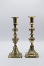 Load image into Gallery viewer, Pair Brass Candlesticks 11 Inch Turned Baluster Square Bases