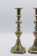 Load image into Gallery viewer, Pair Brass Candlesticks 11 Inch Turned Baluster Square Bases
