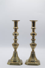 Load image into Gallery viewer, Pair Brass Candlesticks 11 Inch Turned Baluster Square Bases