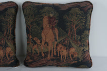 Load image into Gallery viewer, Vintage Tapestry Hunting Scene Throw Pillows Pair Horse Rider Dogs 14 Inch