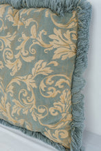 Load image into Gallery viewer, 18 Inch Blue Gold Damask Throw Pillow Fringe Trim Traditional Decor