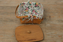Load image into Gallery viewer, Longaberger Handwoven Picnic Basket w/ Floral Fabric Liner, Protector & Wooden Lid – 1994