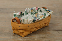 Load image into Gallery viewer, Longaberger Small Basket w/ Floral Ruffled Fabric Liner & Plastic Protector – Handwoven USA (8")