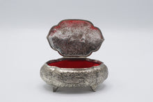 Load image into Gallery viewer, Vintage Japan Silver Tone Repousse Trinket Box Red Lined Figural Lid
