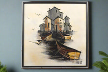 Load image into Gallery viewer, Mid Century Boats on the Dock by Brent - Oil on Canvas signed Brent