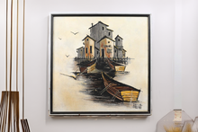 Load image into Gallery viewer, Mid Century Boats on the Dock by Brent - Oil on Canvas signed Brent