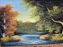 Load image into Gallery viewer, Vintage Mid-Century Velvet Painting – Waterfall Landscape with Hand-Carved Wood Frame