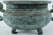 Load image into Gallery viewer, Antique Chinese Bronze Tripod Censer (Ding Form) with Dragon Handles – Verdigris Patina (5” Tall)