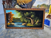Load image into Gallery viewer, Mid-Century Felt Landscape Painting with Hand-Carved Wooden Frame – 49" x 25.5" – Waterfall Forest Scene Wall Art