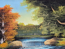 Load image into Gallery viewer, Mid-Century Felt Landscape Painting with Hand-Carved Wooden Frame – 49" x 25.5" – Waterfall Forest Scene Wall Art