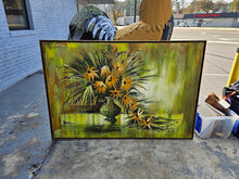 Load image into Gallery viewer, Oversized Mid-Century Modern Floral Still Life Painting by Moran – 41.5" x 62" – Textured Green & Yellow Abstract Bouquet Art