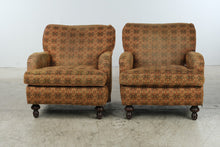 Load image into Gallery viewer, Pair of Traditional Upholstered Club Chairs with Patterned Fabric and Turned Wood Legs