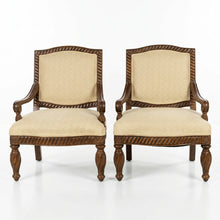 Load image into Gallery viewer, Pair of Bernhardt Carved Wood Accent Armchairs – Gold Geometric Upholstery – Made in USA