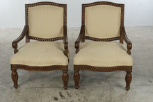 Load image into Gallery viewer, Pair of Bernhardt Carved Wood Accent Armchairs – Gold Geometric Upholstery – Made in USA