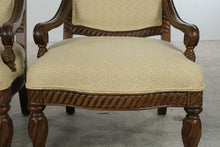 Load image into Gallery viewer, Pair of Bernhardt Carved Wood Accent Armchairs – Gold Geometric Upholstery – Made in USA
