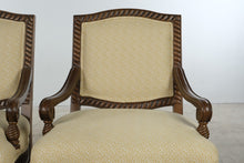 Load image into Gallery viewer, Pair of Bernhardt Carved Wood Accent Armchairs – Gold Geometric Upholstery – Made in USA