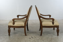 Load image into Gallery viewer, Pair of Bernhardt Carved Wood Accent Armchairs – Gold Geometric Upholstery – Made in USA