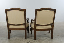 Load image into Gallery viewer, Pair of Bernhardt Carved Wood Accent Armchairs – Gold Geometric Upholstery – Made in USA