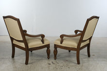 Load image into Gallery viewer, Pair of Bernhardt Carved Wood Accent Armchairs – Gold Geometric Upholstery – Made in USA