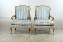 Load image into Gallery viewer, Pair of French Provincial Louis XV Style Bergère Armchairs – Blue Striped Upholstery & Down Cushions