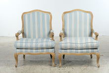 Load image into Gallery viewer, Pair of French Provincial Louis XV Style Bergère Armchairs – Blue Striped Upholstery & Down Cushions