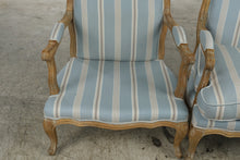 Load image into Gallery viewer, Pair of French Provincial Louis XV Style Bergère Armchairs – Blue Striped Upholstery & Down Cushions