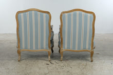 Load image into Gallery viewer, Pair of French Provincial Louis XV Style Bergère Armchairs – Blue Striped Upholstery & Down Cushions