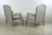 Load image into Gallery viewer, Pair of French Provincial Louis XV Style Bergère Armchairs – Blue Striped Upholstery & Down Cushions