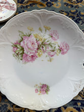Load image into Gallery viewer, Antique Handled Porcelain Cake Plate – Pink Rose Floral Design with Embossed Scroll Edge, Early 1900s