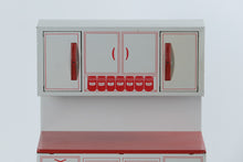 Load image into Gallery viewer, Vintage 1950s Wolverine Tin Toy Kitchen Cabinet with Upper Hutch #2 – Red & White Lithographed Metal