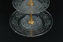 Load image into Gallery viewer, Vintage Two Tier Etched Glass Dessert Stand with Brass Handle Floral Motif