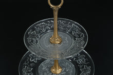 Load image into Gallery viewer, Vintage Two Tier Etched Glass Dessert Stand with Brass Handle Floral Motif