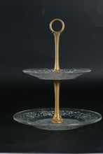 Load image into Gallery viewer, Vintage Two Tier Etched Glass Dessert Stand with Brass Handle Floral Motif