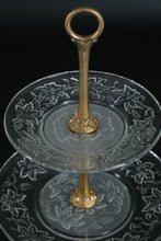Load image into Gallery viewer, Vintage Two Tier Etched Glass Dessert Stand with Brass Handle Floral Motif