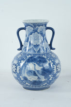 Load image into Gallery viewer, Large Blue and White Porcelain Double Handle Vase Crane Bird Motif 15.5 Inch