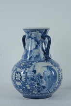 Load image into Gallery viewer, Large Blue and White Porcelain Double Handle Vase Crane Bird Motif 15.5 Inch