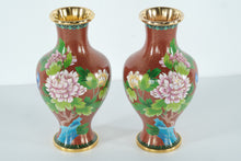 Load image into Gallery viewer, Pair of Chinese Cloisonné Vases – Copper-Red Ground with Peony & Stream Motif (11" Tall)