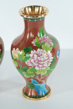 Load image into Gallery viewer, Pair of Chinese Cloisonné Vases – Copper-Red Ground with Peony & Stream Motif (11" Tall)