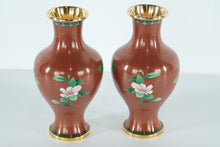 Load image into Gallery viewer, Pair of Chinese Cloisonné Vases – Copper-Red Ground with Peony & Stream Motif (11" Tall)