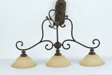 Load image into Gallery viewer, Rustic Bronze 3-Light Chandelier with Amber Glass Shades – 40" Wide