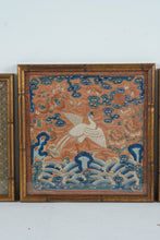 Load image into Gallery viewer, Set of 3 Framed Asian Silk Embroidery Panels Bamboo Frame Crane Floral