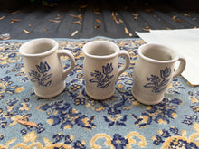 Load image into Gallery viewer, Set of 3 Vintage Stoneware Pottery Mugs – Handcrafted Blue Tulip Design, 4.5” Rustic Farmhouse Crock Cups, Country Kitchen Decor