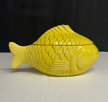 Load image into Gallery viewer, Yellow Fish Shaped Ceramic Lidded Dish Hand Glazed Art Pottery 10 Inch