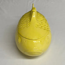 Load image into Gallery viewer, Yellow Fish Shaped Ceramic Lidded Dish Hand Glazed Art Pottery 10 Inch