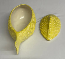 Load image into Gallery viewer, Yellow Fish Shaped Ceramic Lidded Dish Hand Glazed Art Pottery 10 Inch