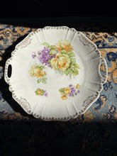Load image into Gallery viewer, Antique PM Bavaria Handled Serving Plate – Yellow Roses & Purple Violets Floral Design – Gold Filigree Rim – German Porcelain, Early 1900s