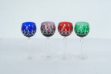 Load image into Gallery viewer, Set of 4 Hungarian Hand Cut Crystal Wine Glasses Colored Overlay 24 Percent Lead 8.5 Inch
